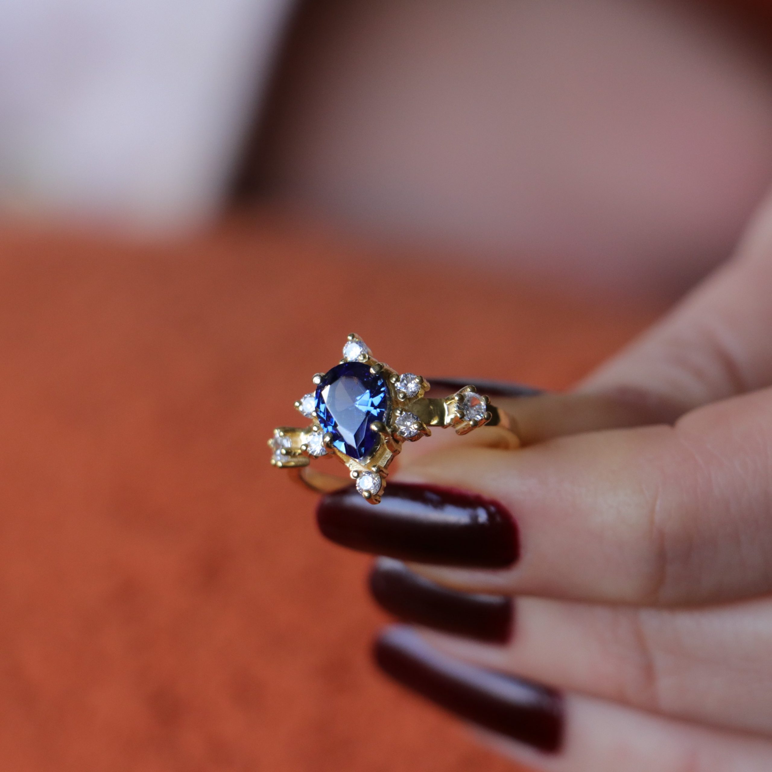 Lab. Sapphire and Swarovski 925 Sterling Silver Gold Plated Ring