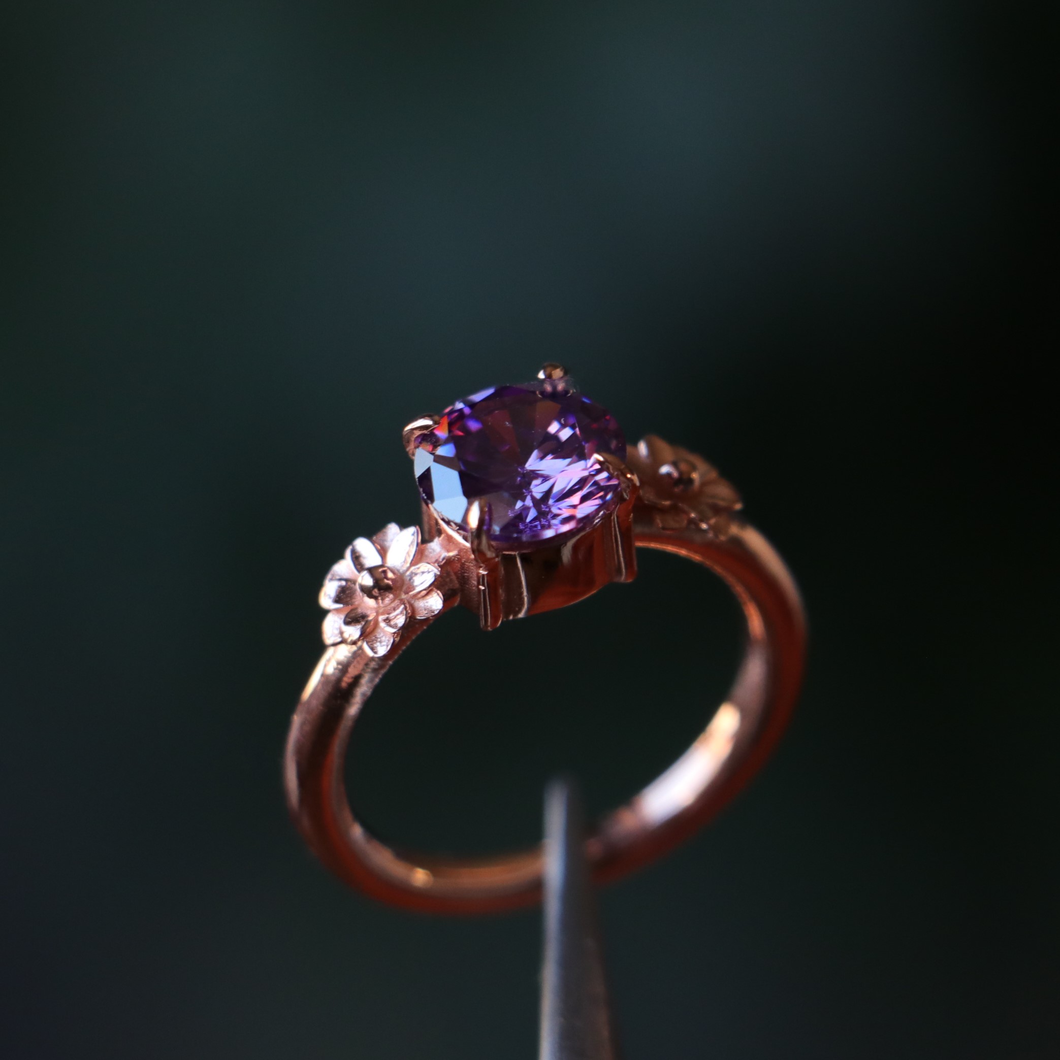 Lotus Flower 925 Sterling Silver Rose Gold Plated Ring with Amethyst Stone