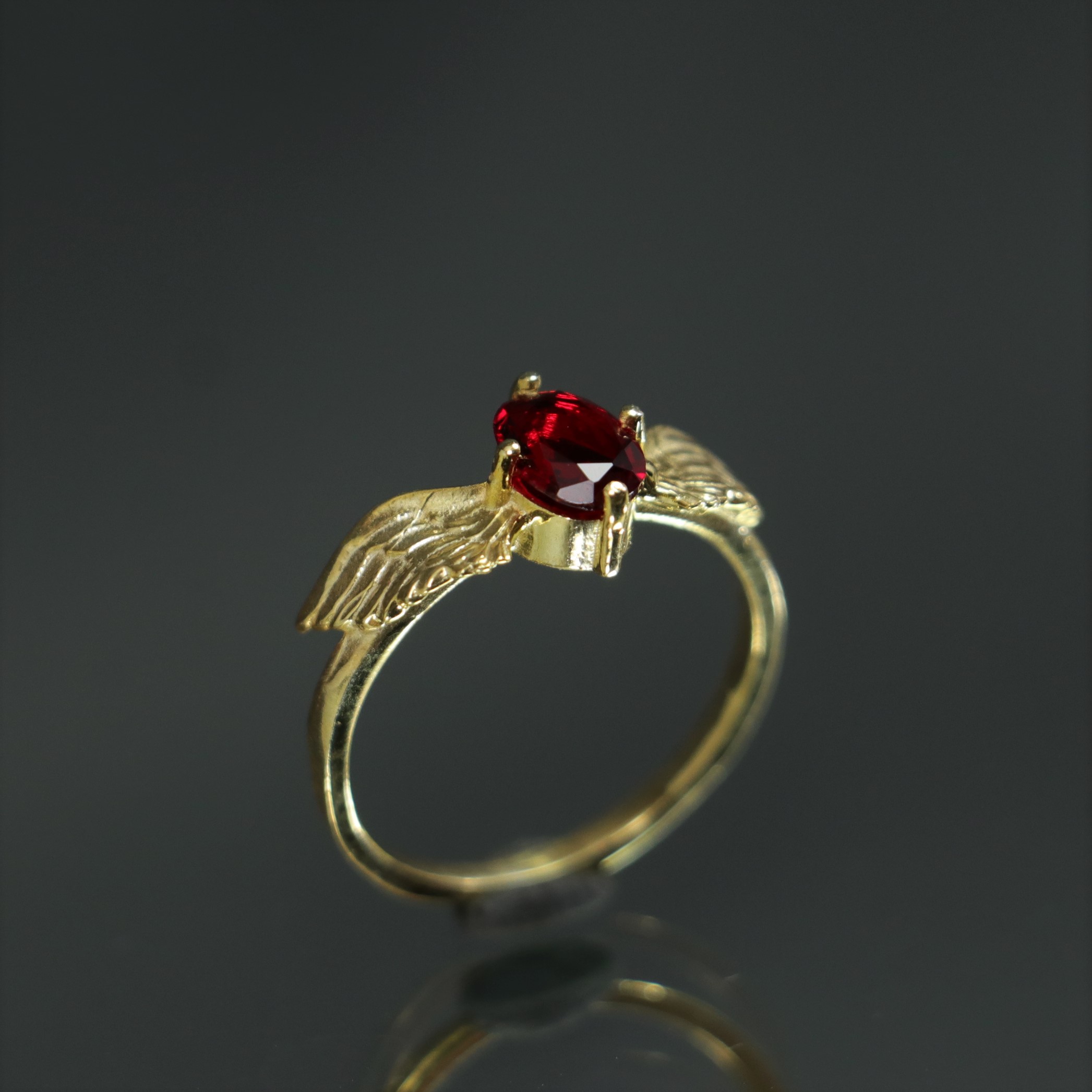 Lab. Ruby Stone Wing Ring 925 Sterling Silver Gold Plated