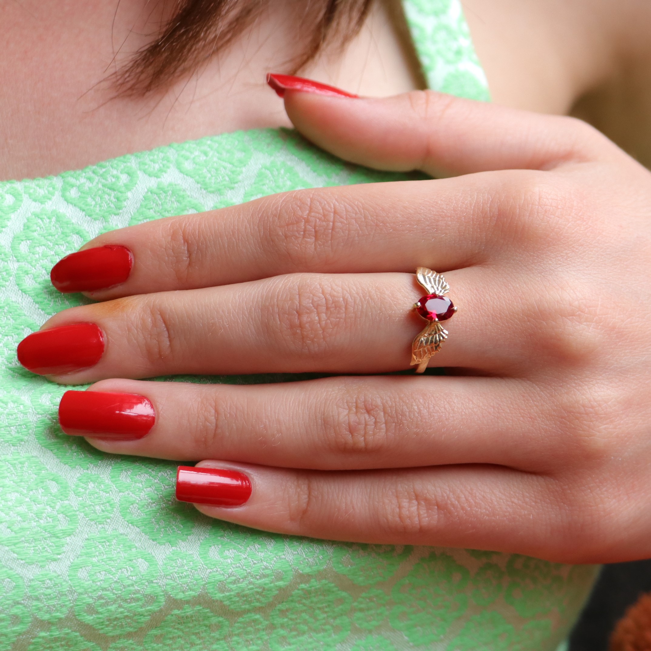 Lab. Ruby Stone Wing Ring 925 Sterling Silver Gold Plated