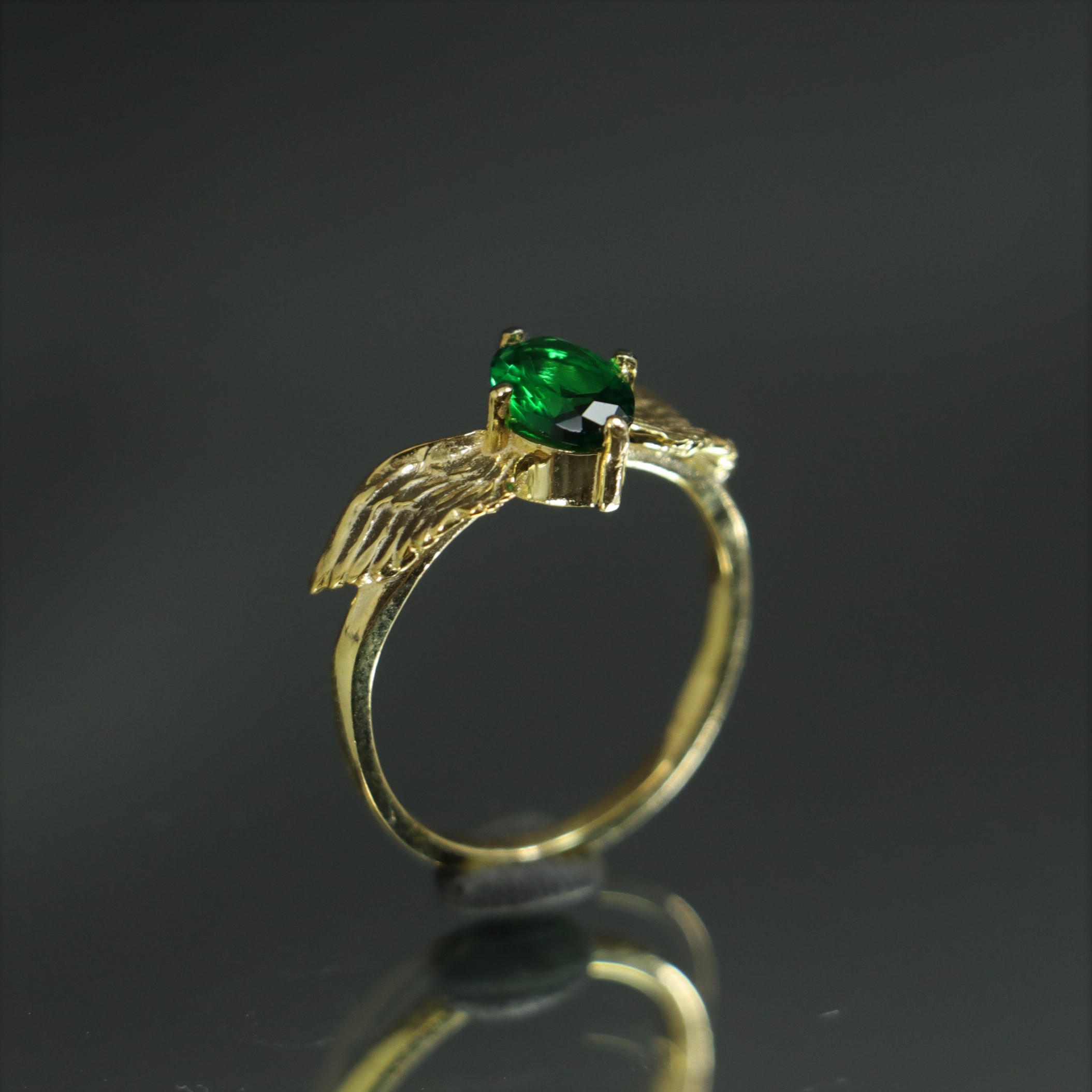Lab. Emerald Stone Wing Ring 925 Sterling Silver Gold Plated