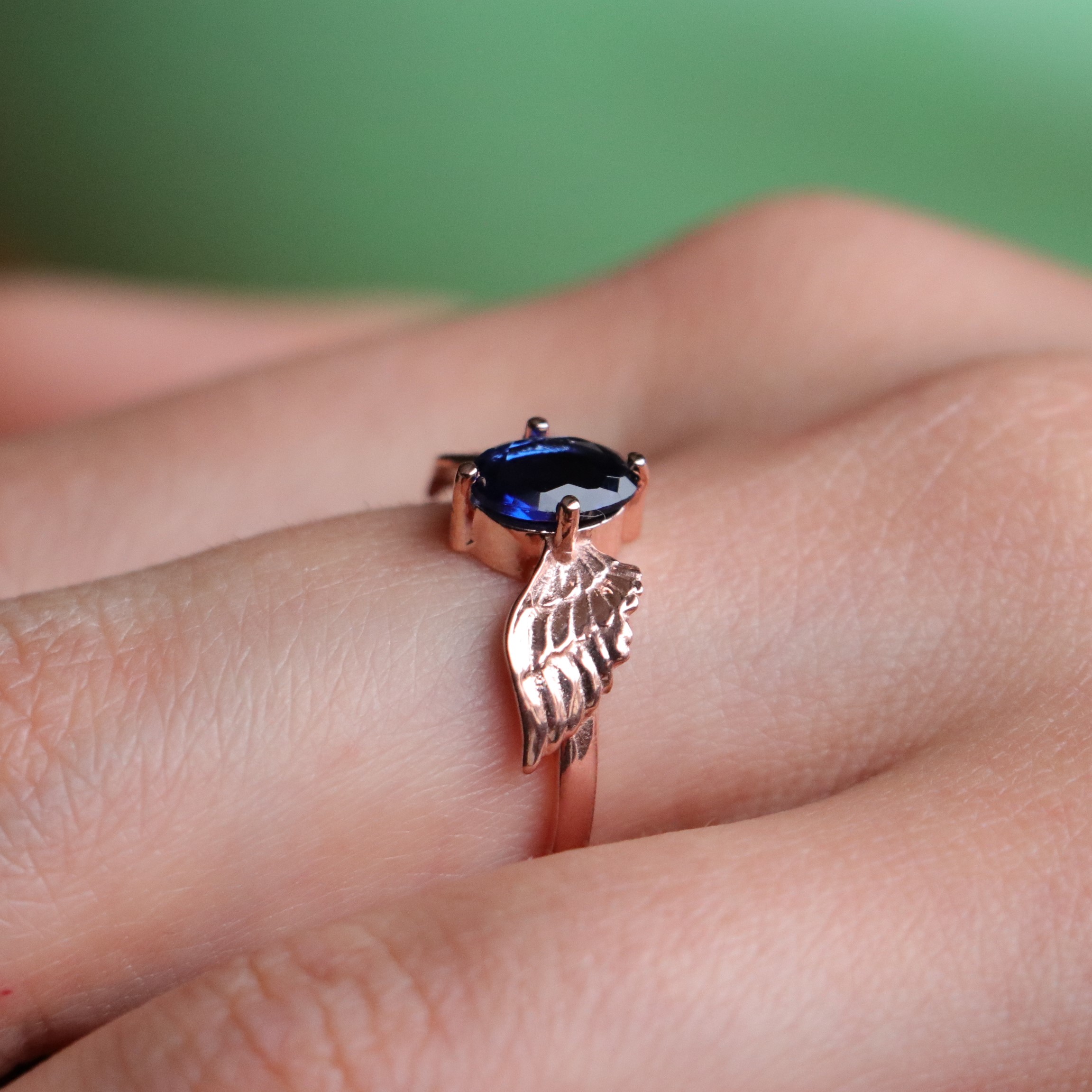 Lab. Sapphire Stone Wing Ring 925 Silver Rose Gold Plated