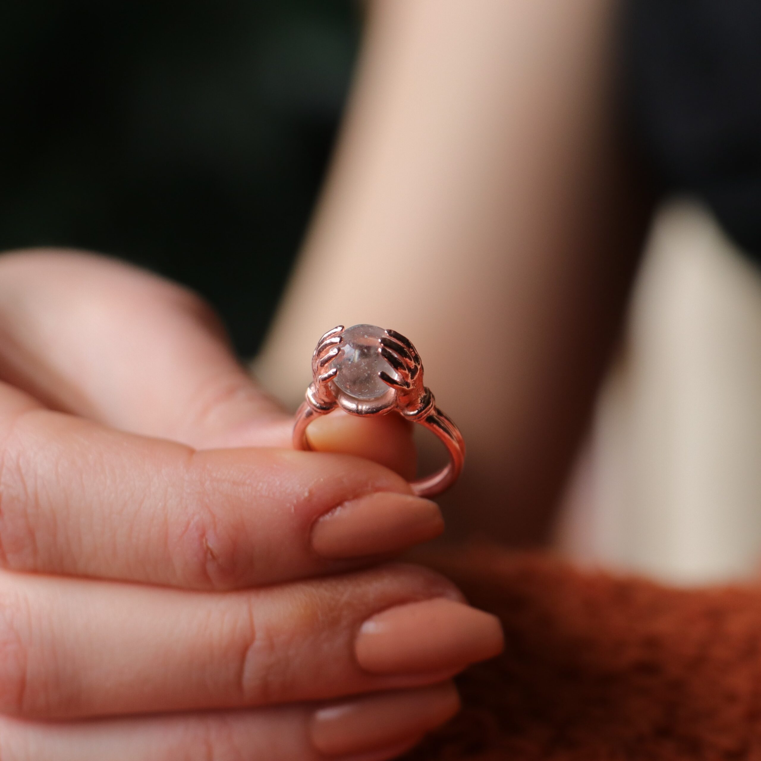 Clear Quartz 925 Sterling Silver Rose Gold Plated Ring Between Hands