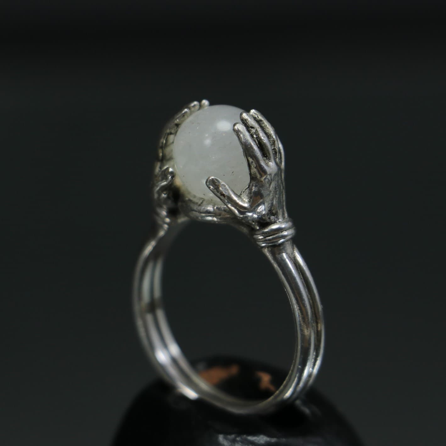 Crystal Moonstone Sphere Between Hands 925 Sterling Silver Ring