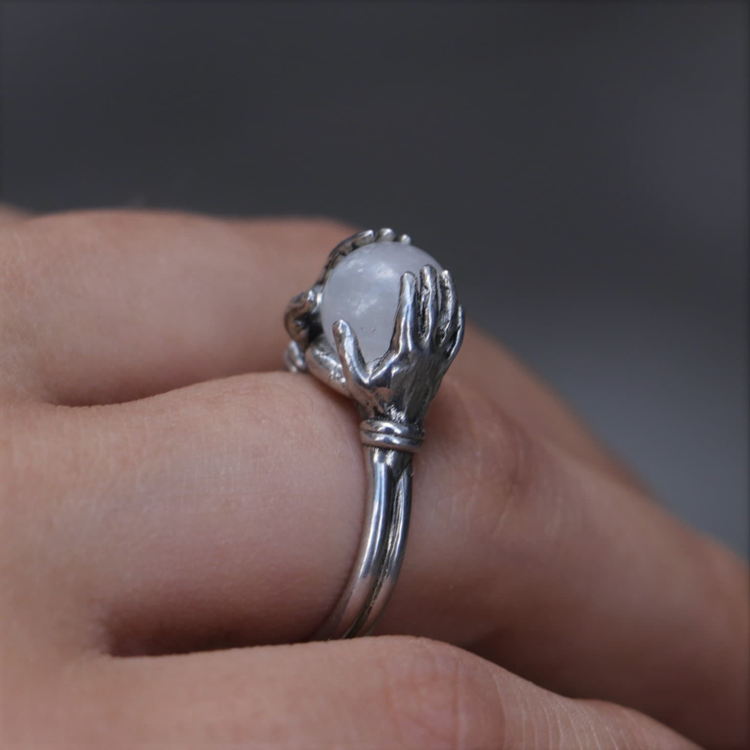 Crystal Moonstone Sphere Between Hands 925 Sterling Silver Ring