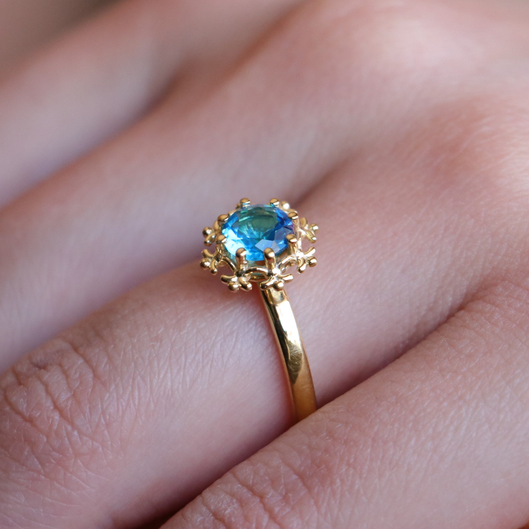 Snowflake Aquamarine 925 Sterling Silver Gold Plated Ring