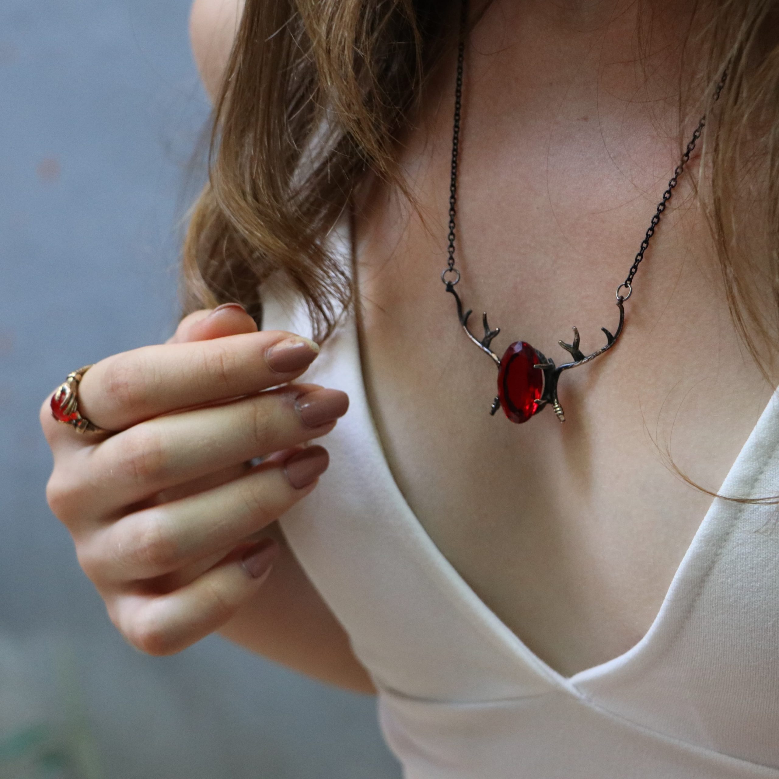 Garnet Stone Red Deer Antler Necklace