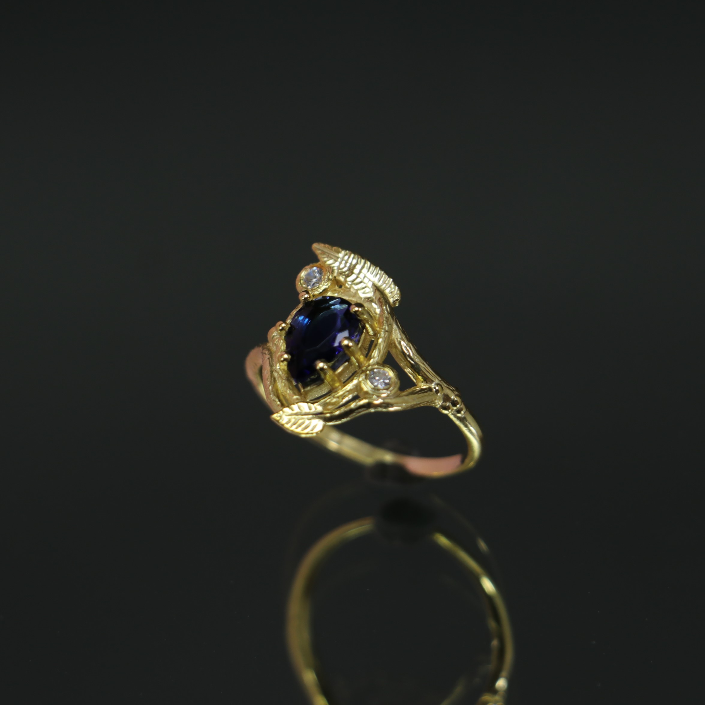 Lab. Sapphire and Swarovski Leaf Ring 925 Sterling Silver Gold Plated