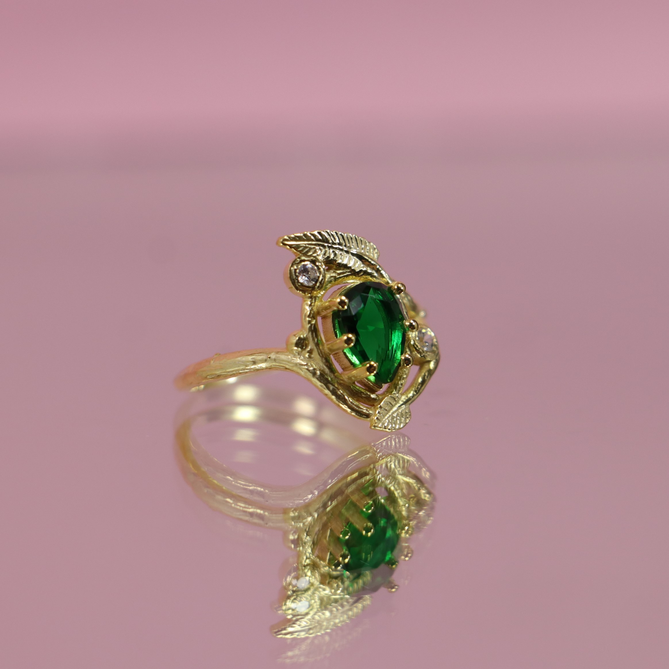 Lab. Emerald and Swarovski Leaf Ring 925 Sterling Silver Gold Plated