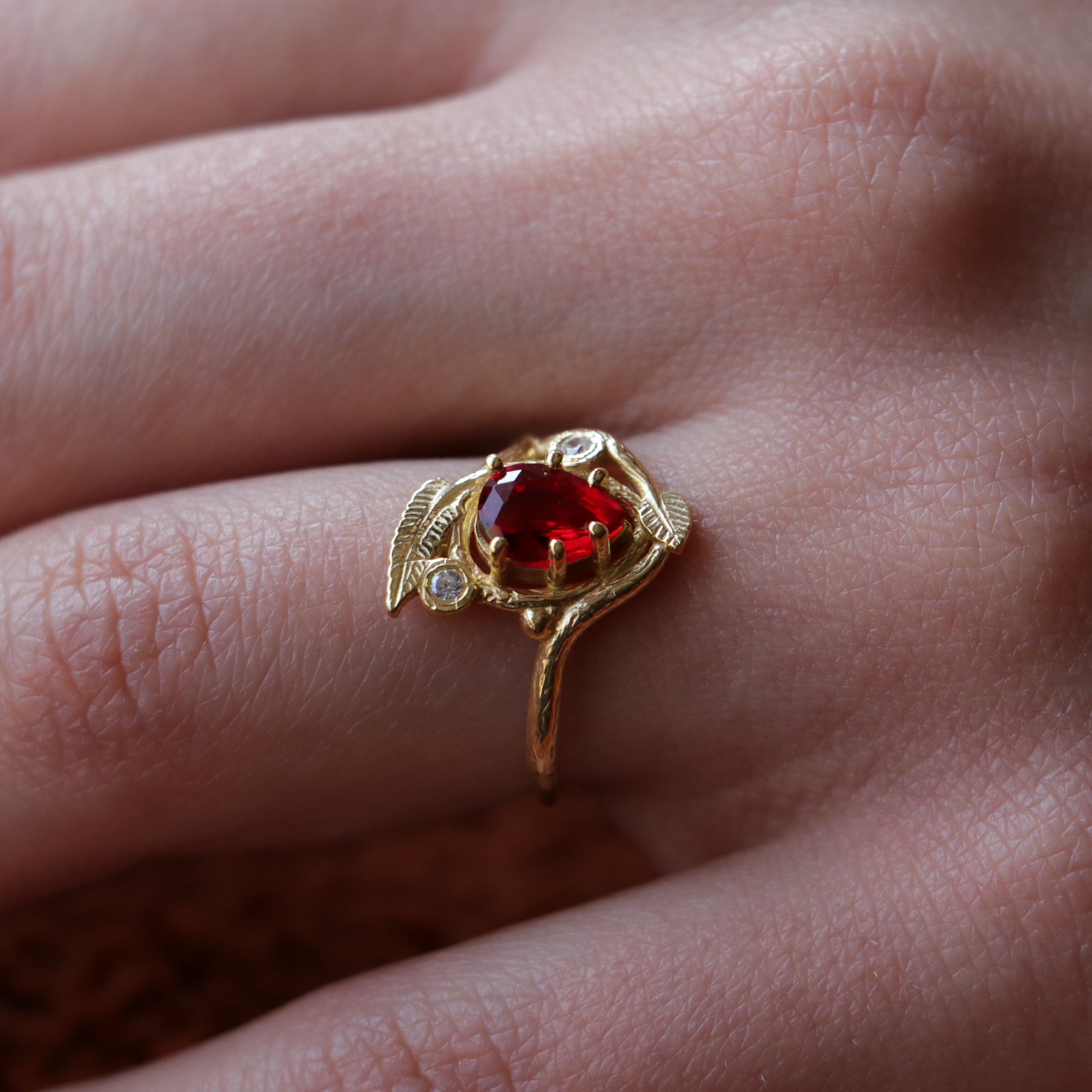 Lab. Ruby and Swarovski Leaf Ring 925 Sterling Silver Gold Plated