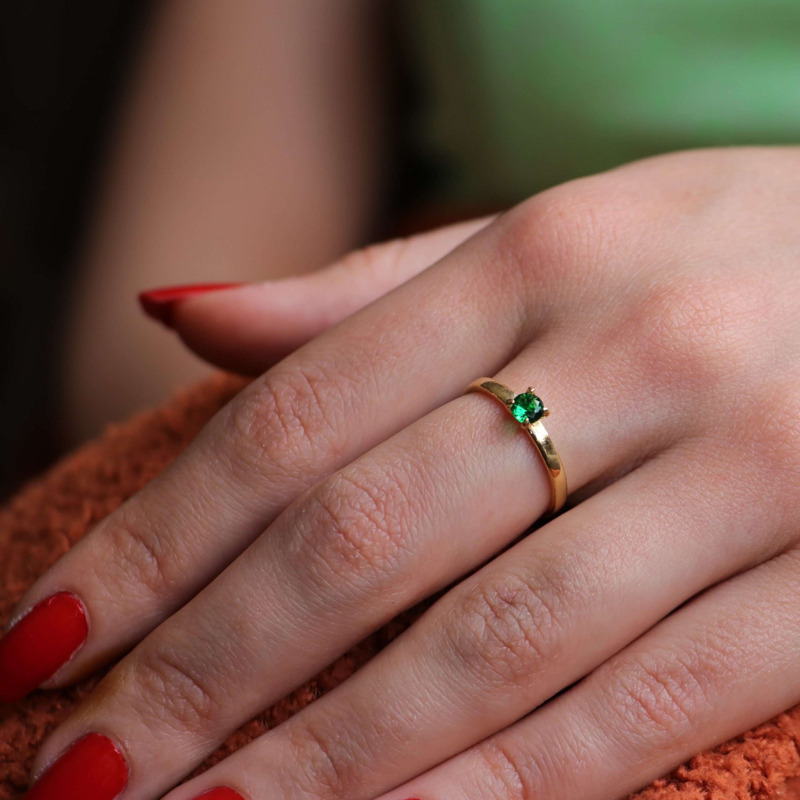 Mini Lab. Emerald Solitaire 925 Sterling Silver Gold Plated Ring