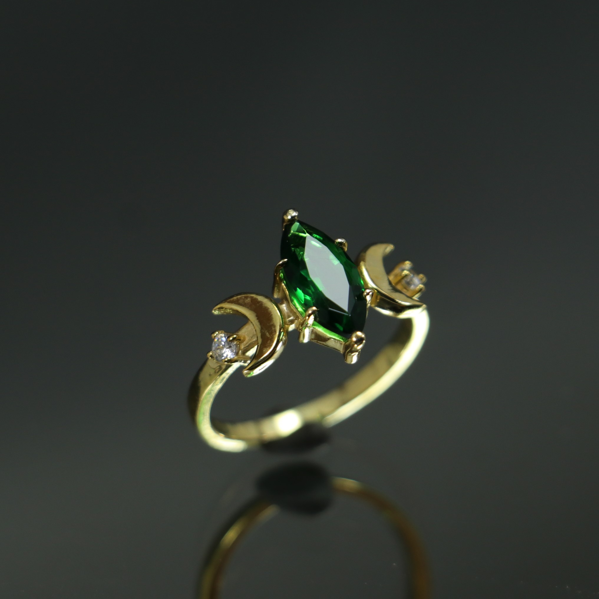 Markiz Lab. Emerald Stone Moon Goddess 925 Sterling Silver Gold Plated Ring
