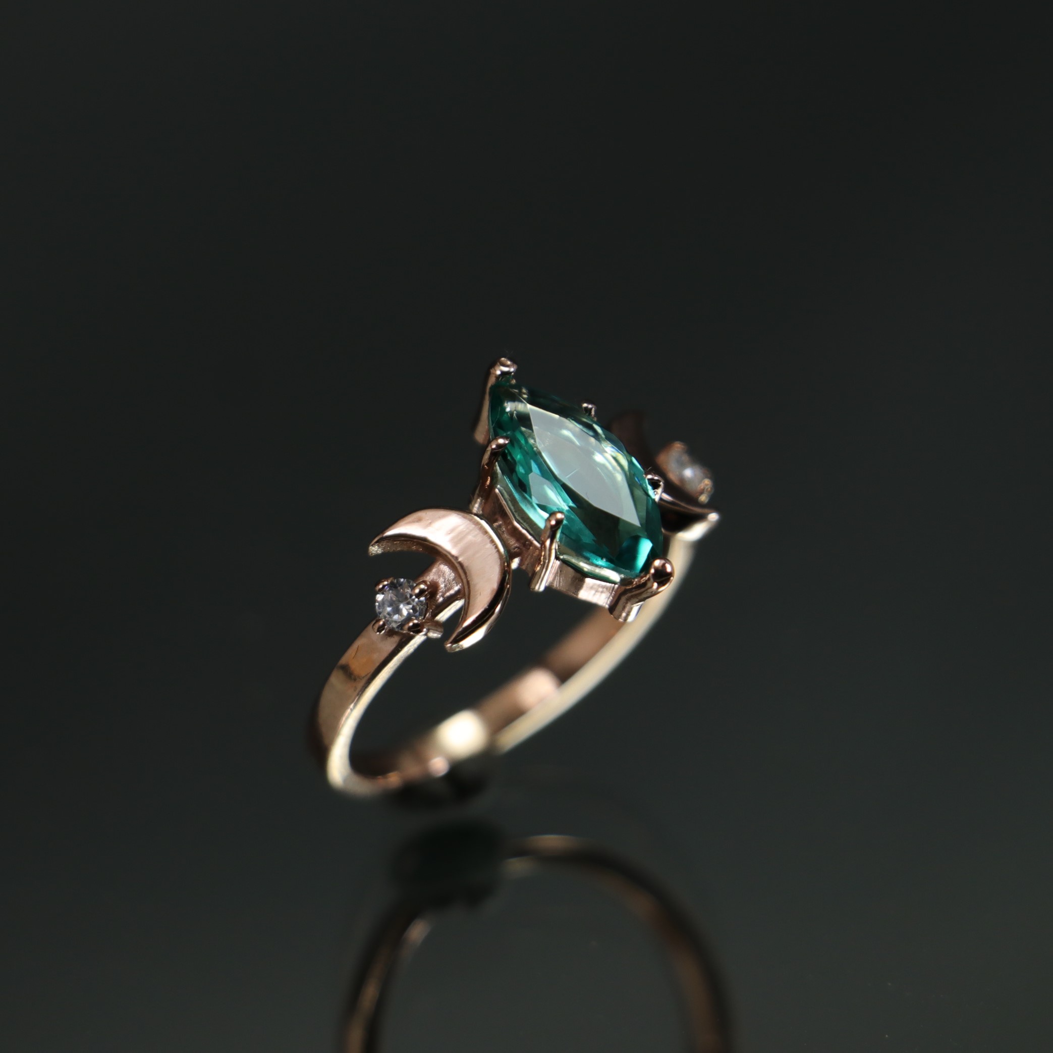 Marquise Jade Stone Moon Goddess 925 Sterling Silver Rose Gold Plated Ring
