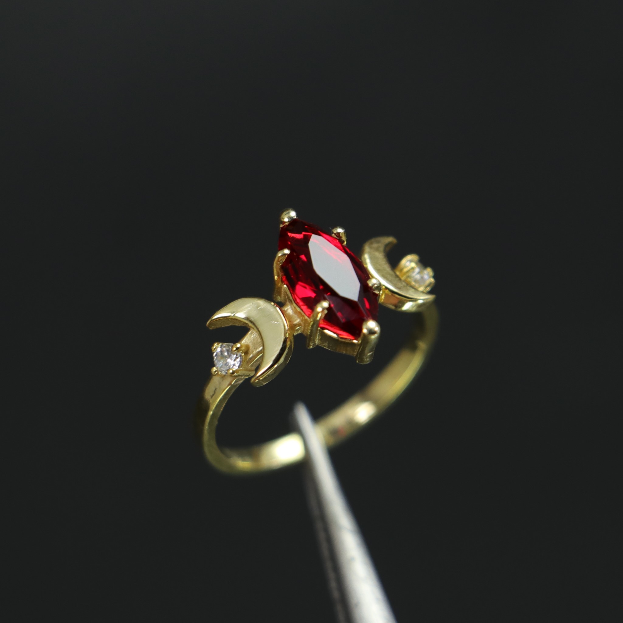 Marquise Garnet Stone Moon Goddess 925 Sterling Silver Gold Plated Ring