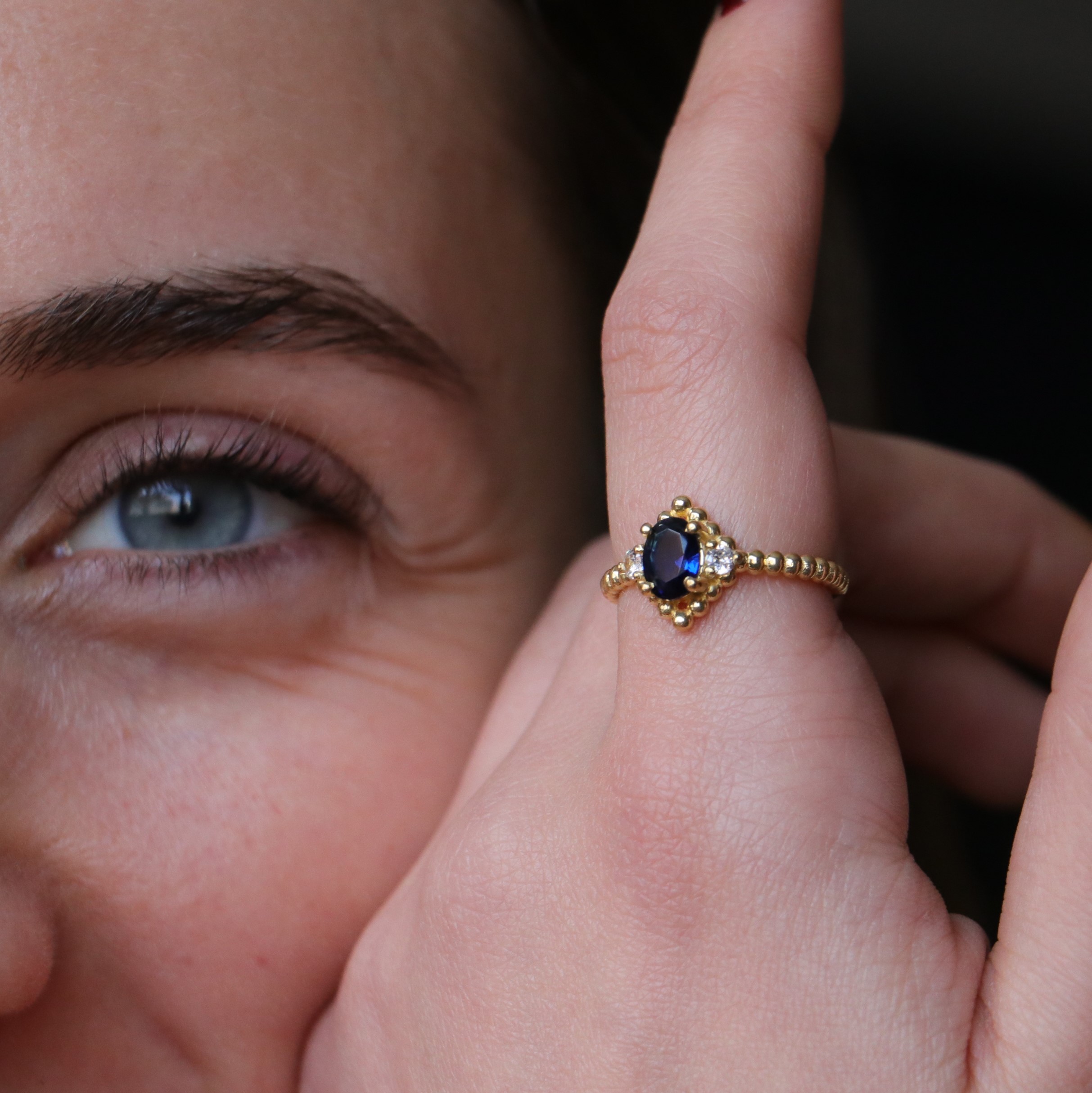 Lab. Sapphire and Swarovski Stone 925 Silver Gold Plated Ring