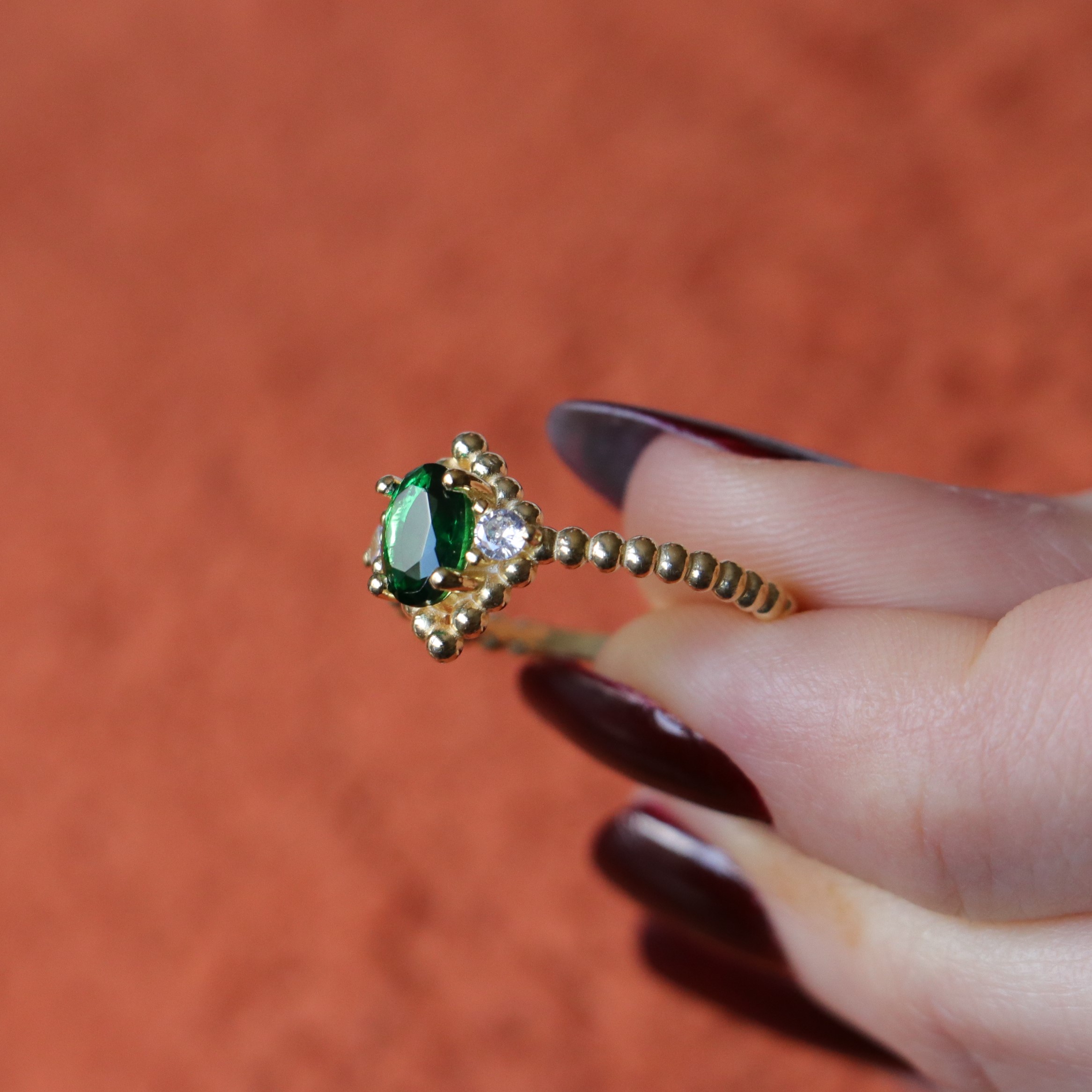 Lab. Emerald and Swarovski Stone 925 Silver Gold Plated Ring