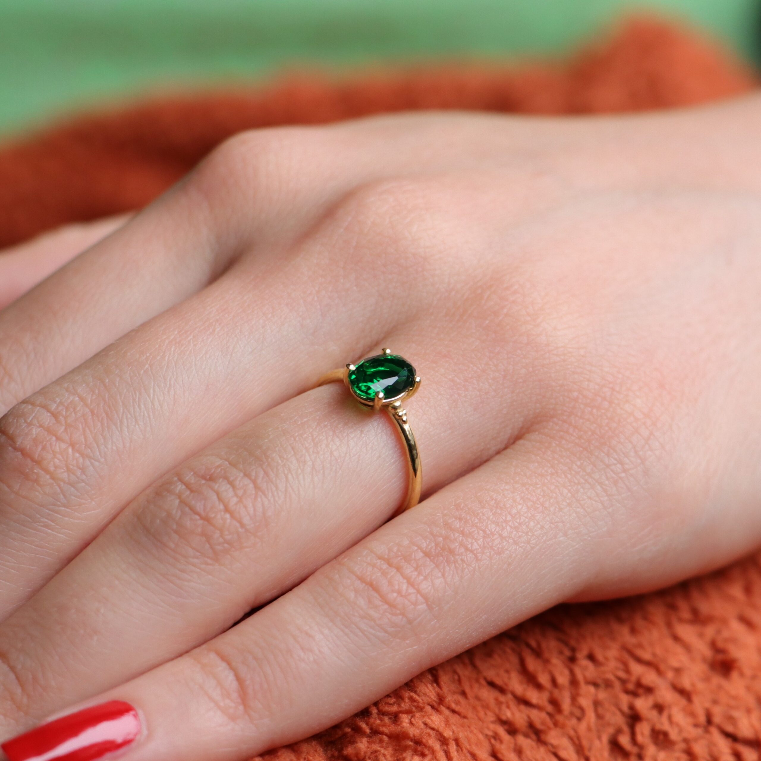 Lab. Emerald Stone Thin Daily Ring 925 Sterling Silver Gold Plated