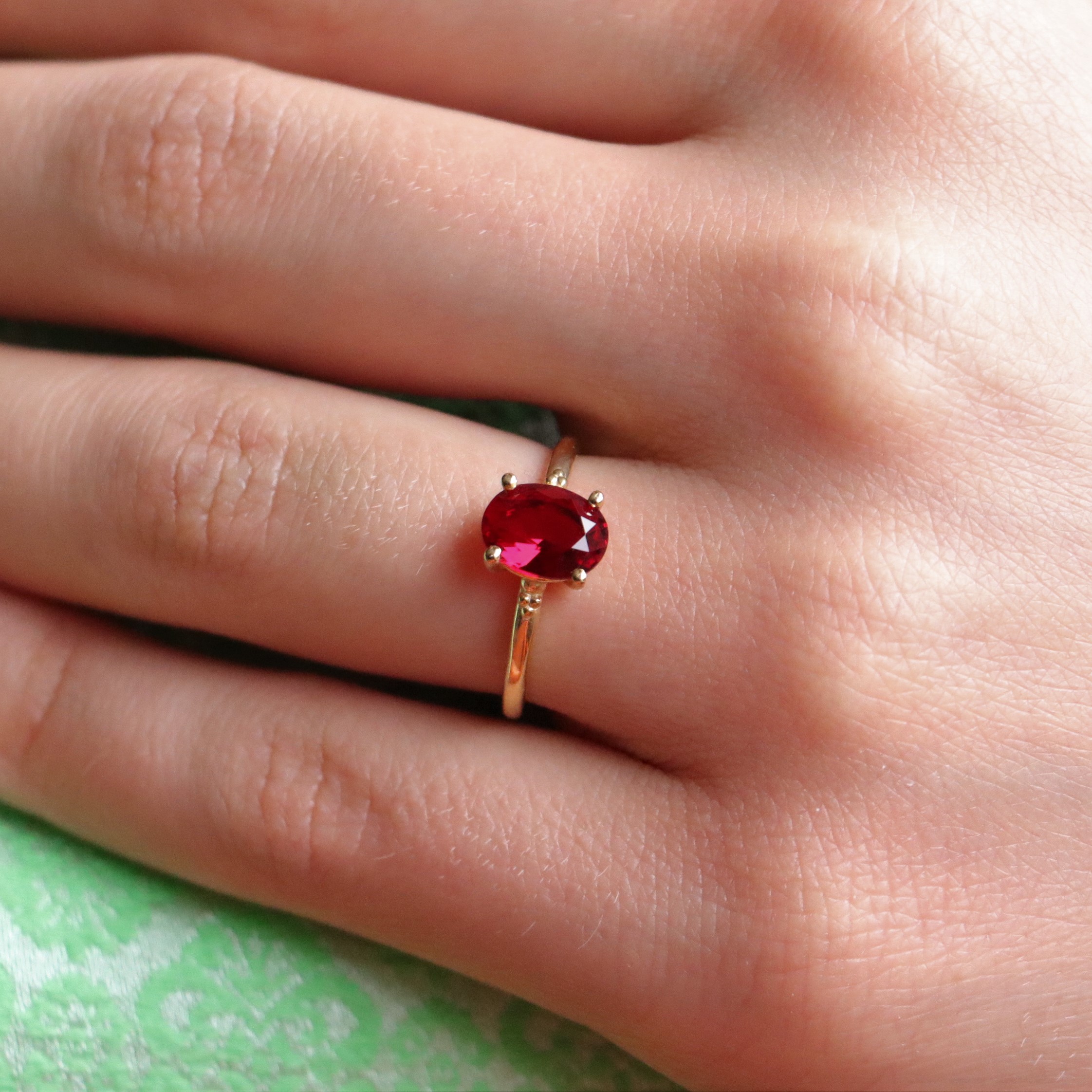 Lab. Ruby Stone Thin Daily Ring 925 Silver Gold Plated