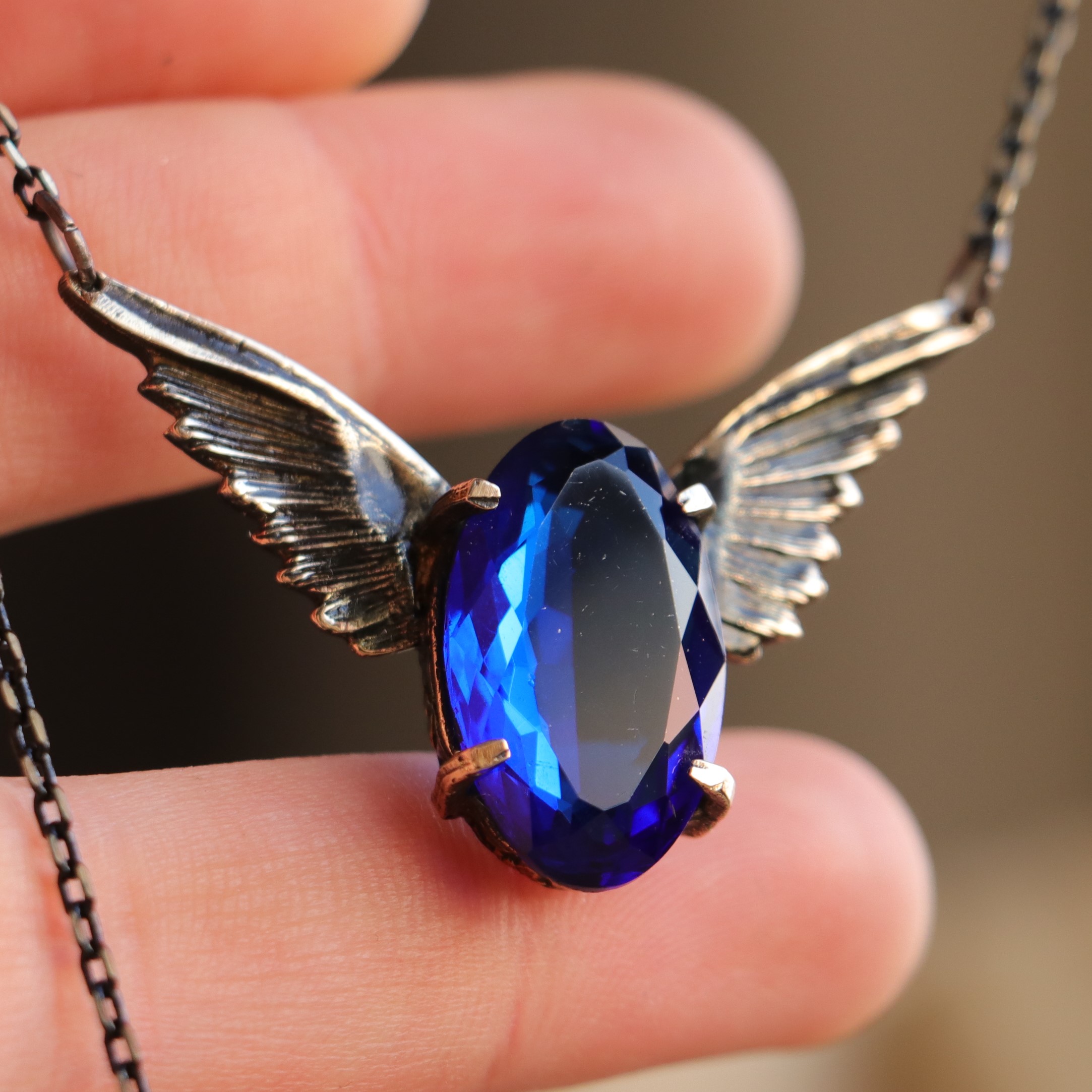 Lab. Sapphire Stone Angel Wing Necklace