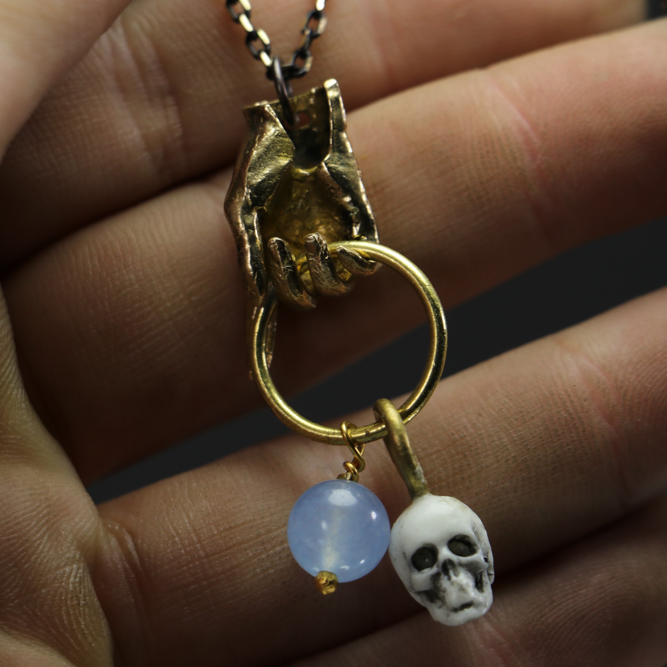 Hand and Skull Aquamarine Stone Necklace