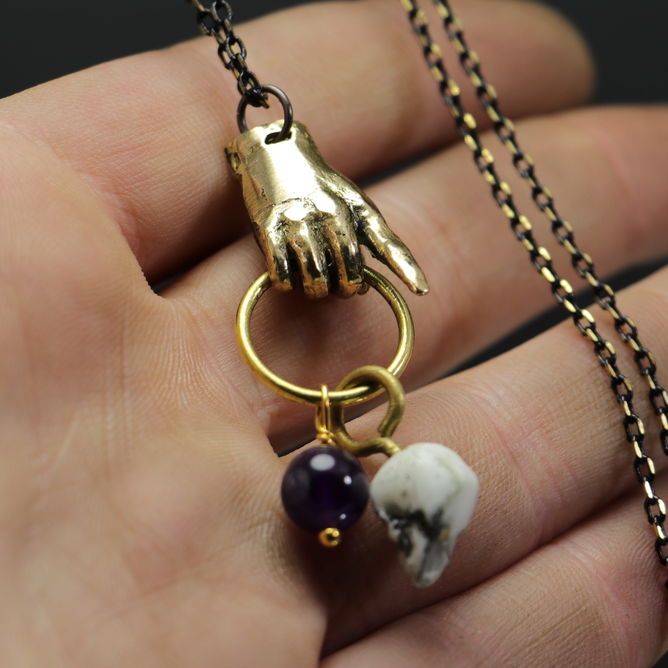 Hand and Skull Amethyst Stone Necklace