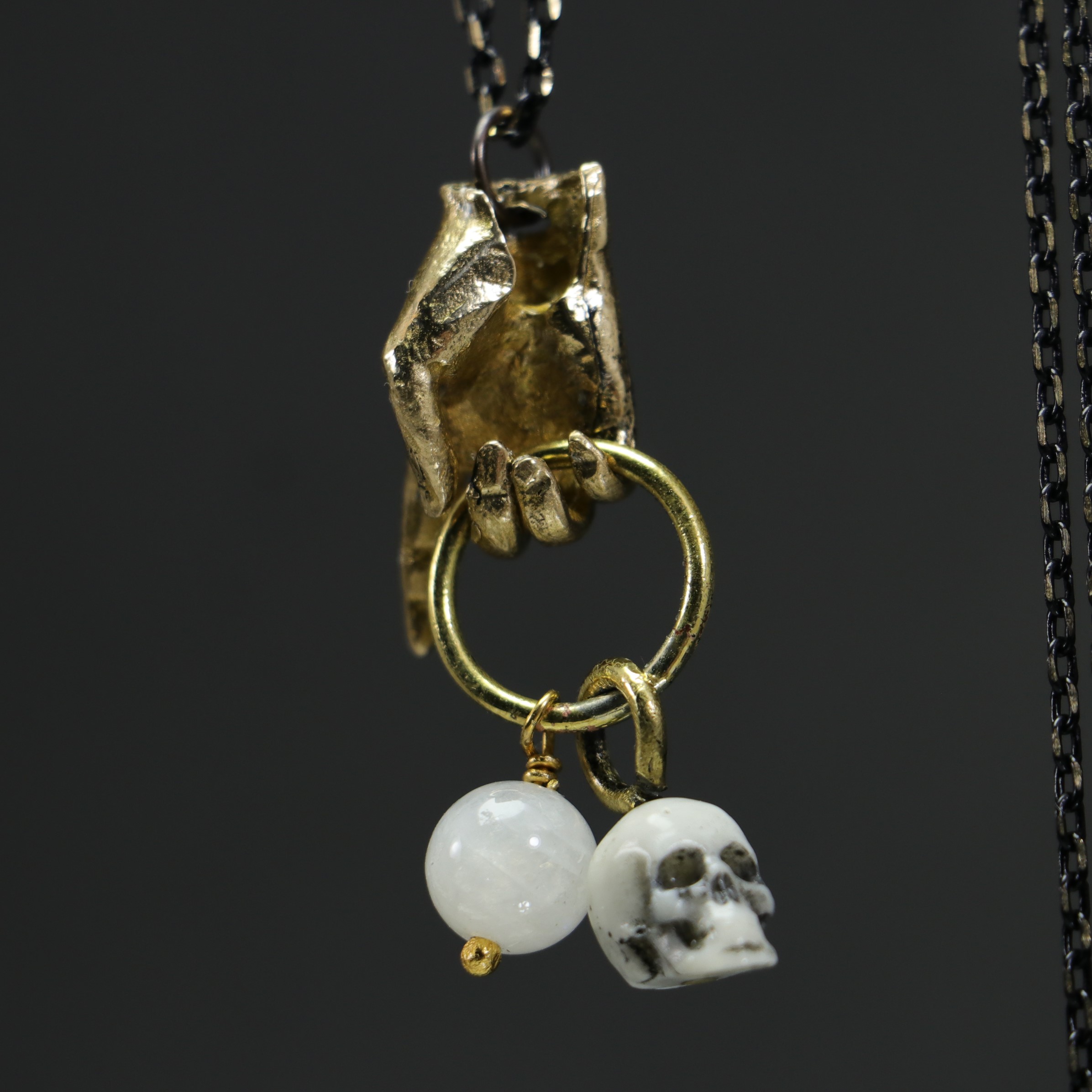 Hand and Skull Moonstone Necklace