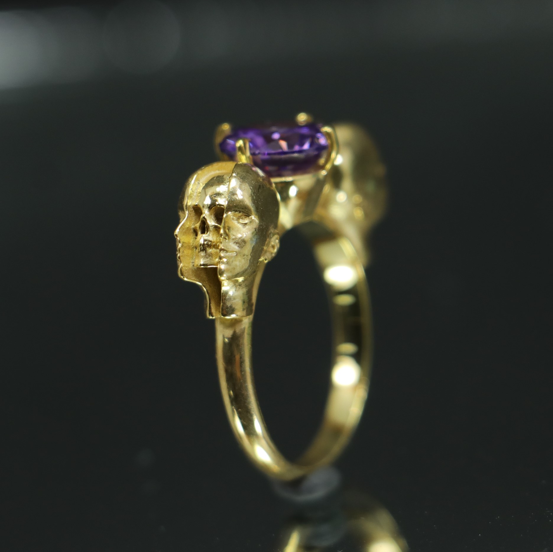 Memento Mori Amethyst 925 Sterling Silver Gold Plated Ring