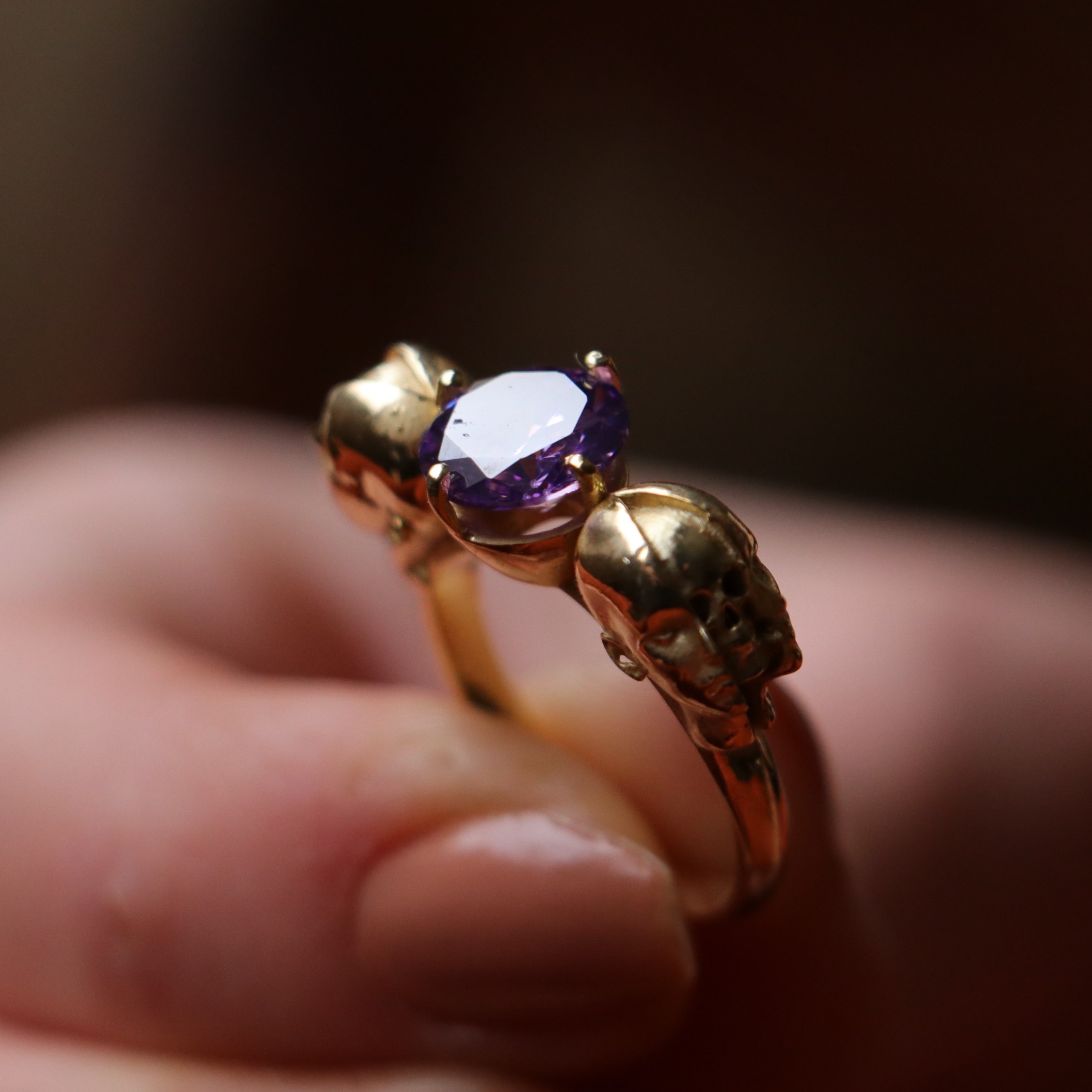 Memento Mori Amethyst 925 Sterling Silver Gold Plated Ring