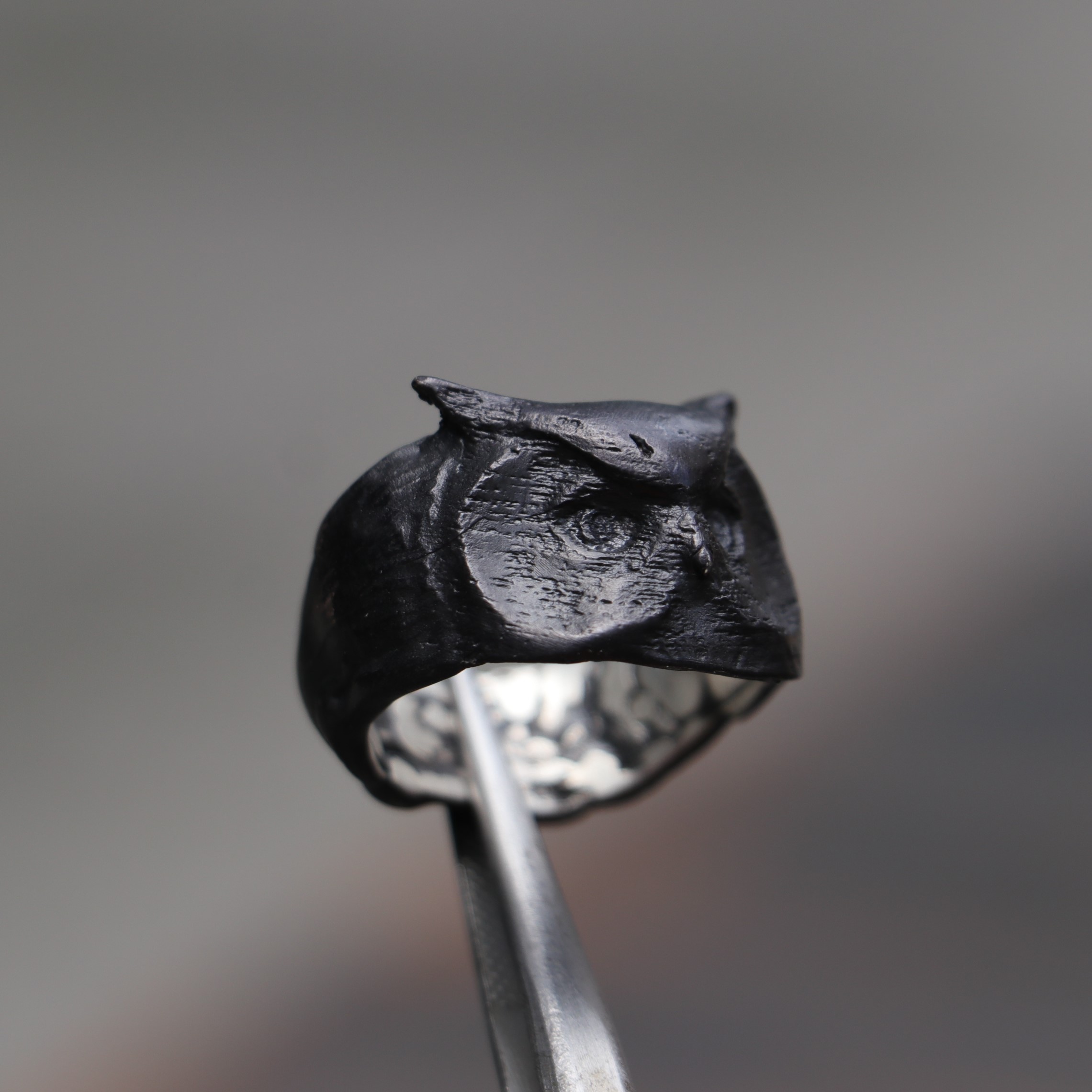 925 Black Sterling Silver Owl Men's Ring