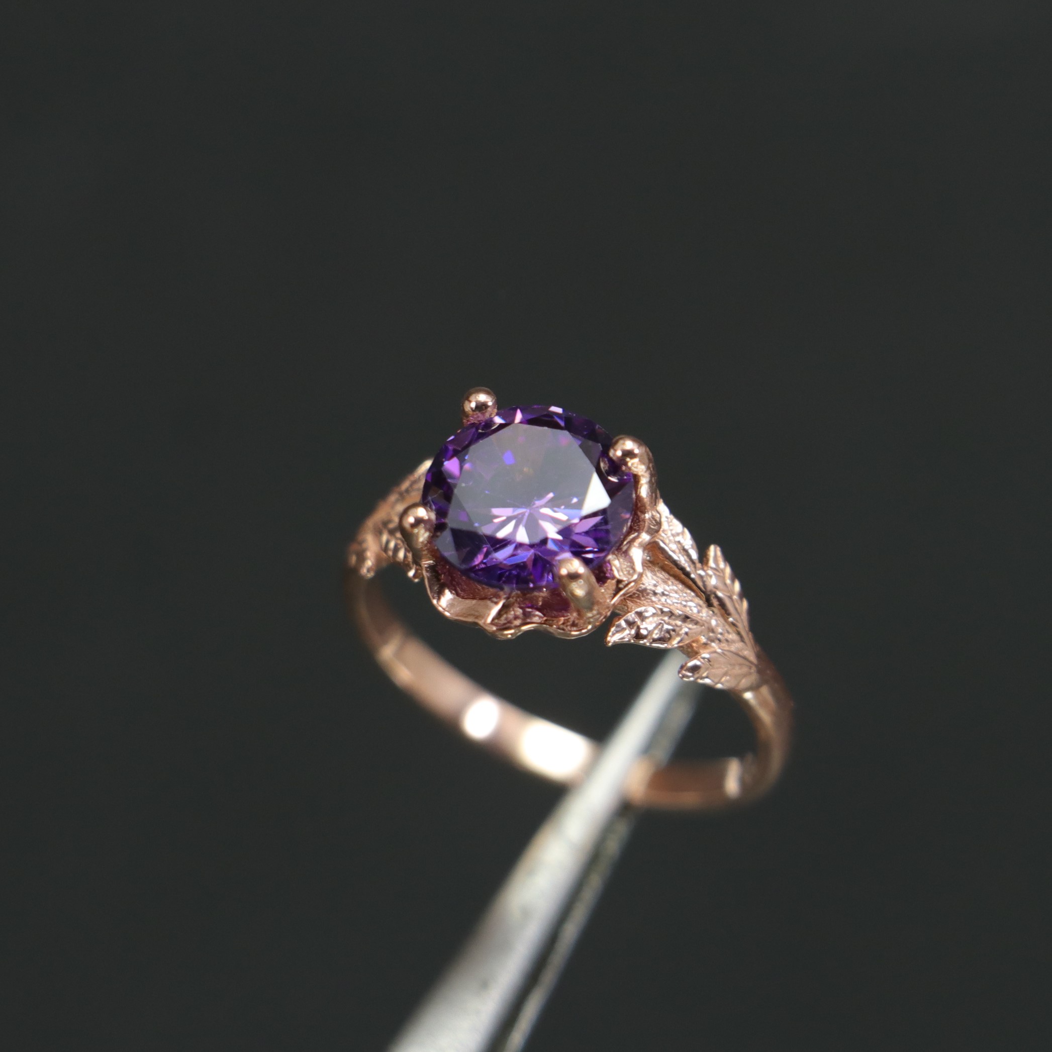 Amethyst Stone Leaf Detailed 925 Sterling Silver Rose Gold Plated Ring
