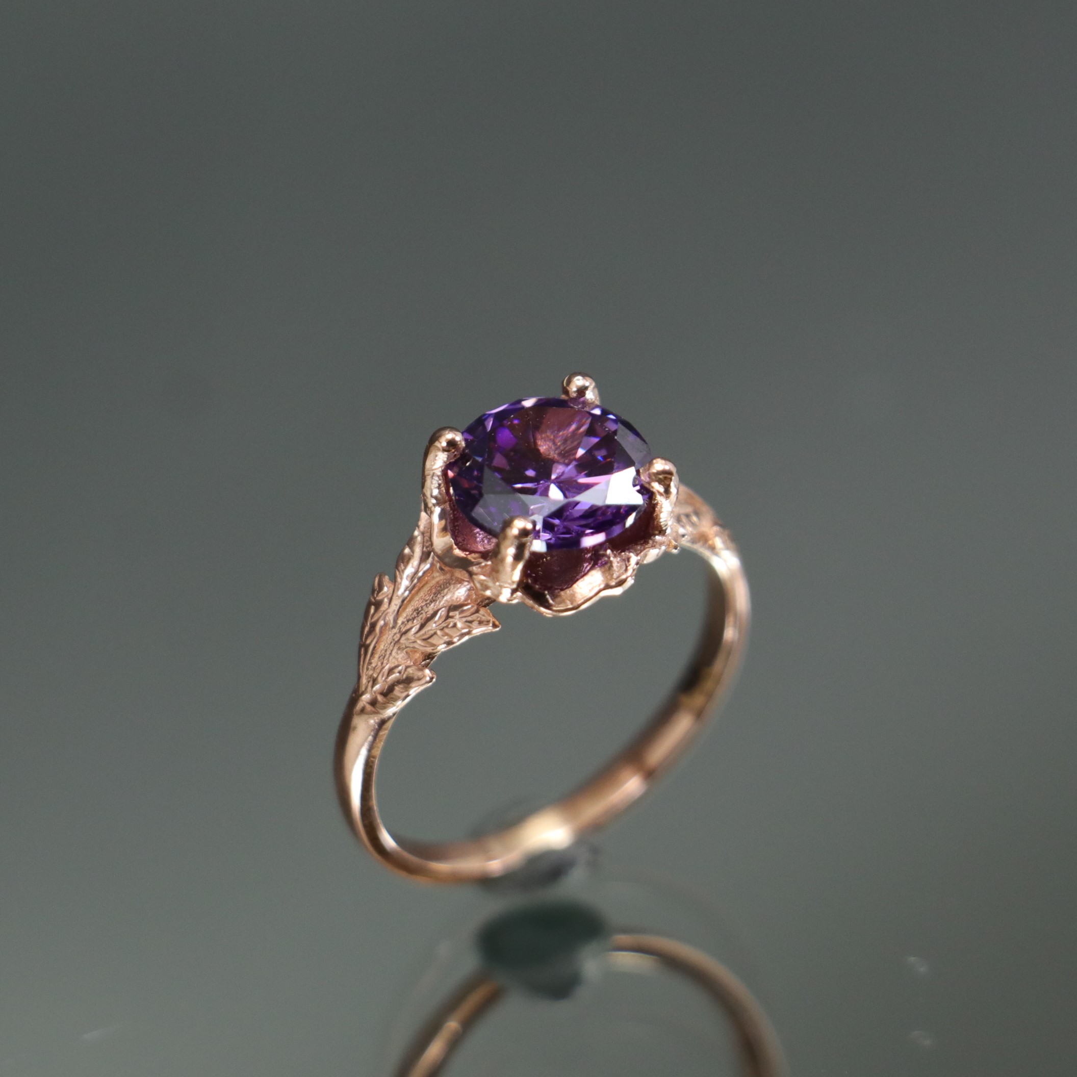 Amethyst Stone Leaf Detailed 925 Sterling Silver Rose Gold Plated Ring