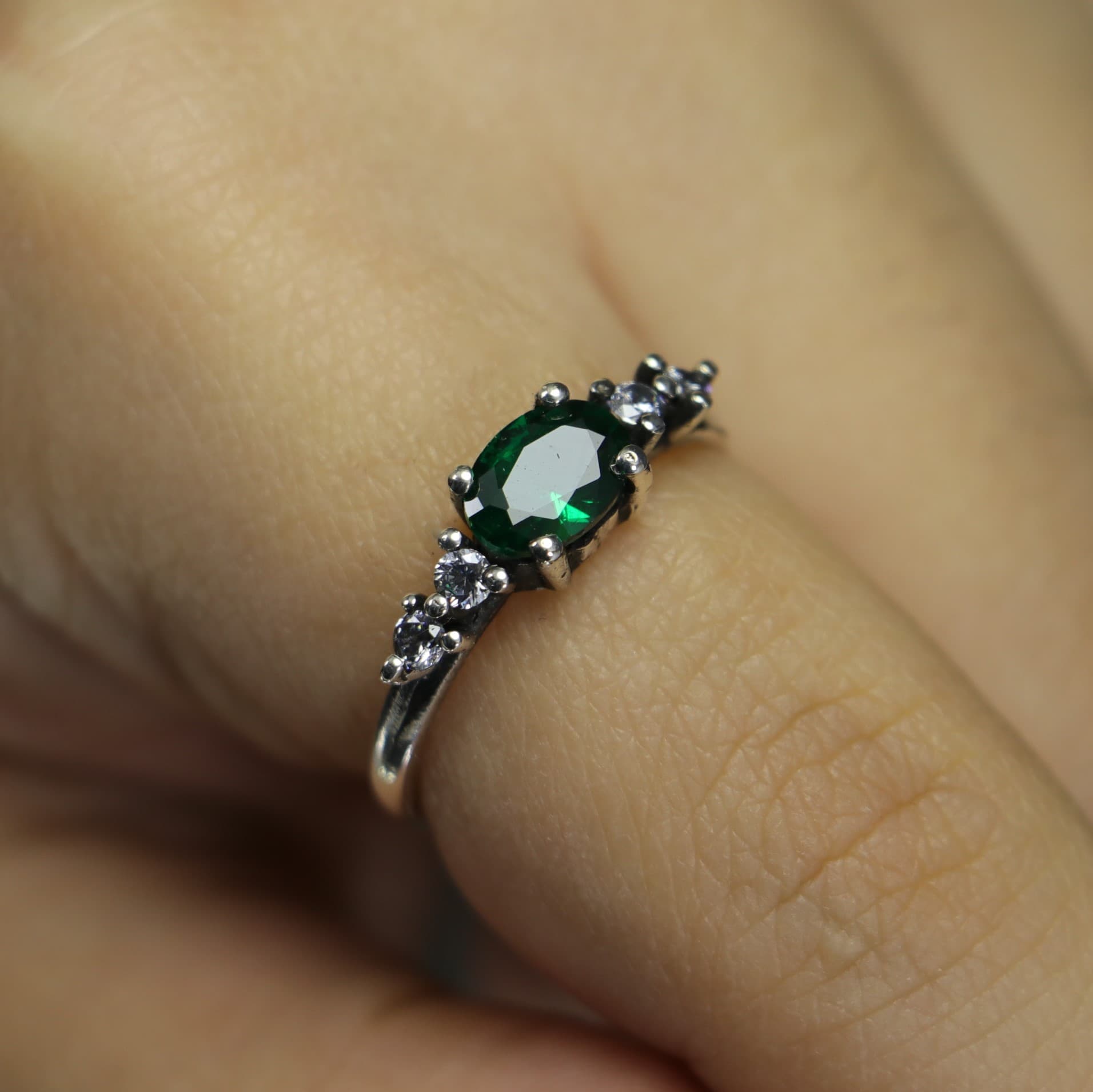 925 Silver Lab. Emerald and Swarovski Ring