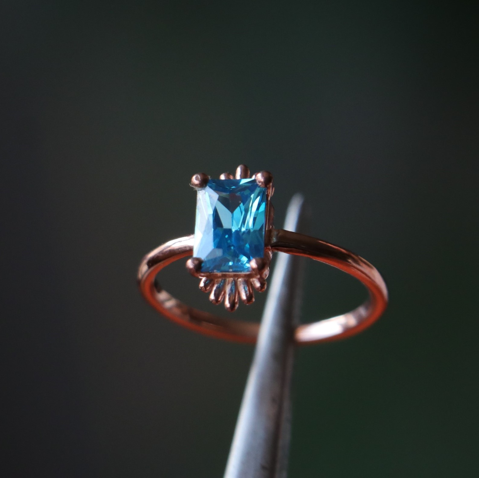 Baguette Cut Aquamarine Rose Gold Plated 925 Sterling Silver Ring