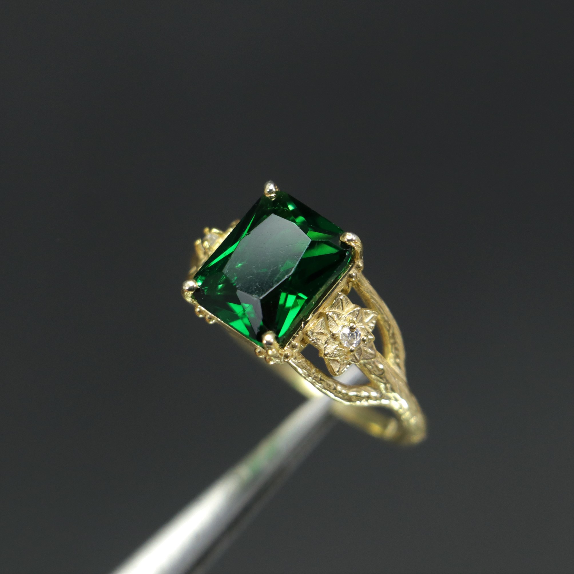 Lab. Emerald and Swarovski Lotus Ring 925 Sterling Silver Gold Plated