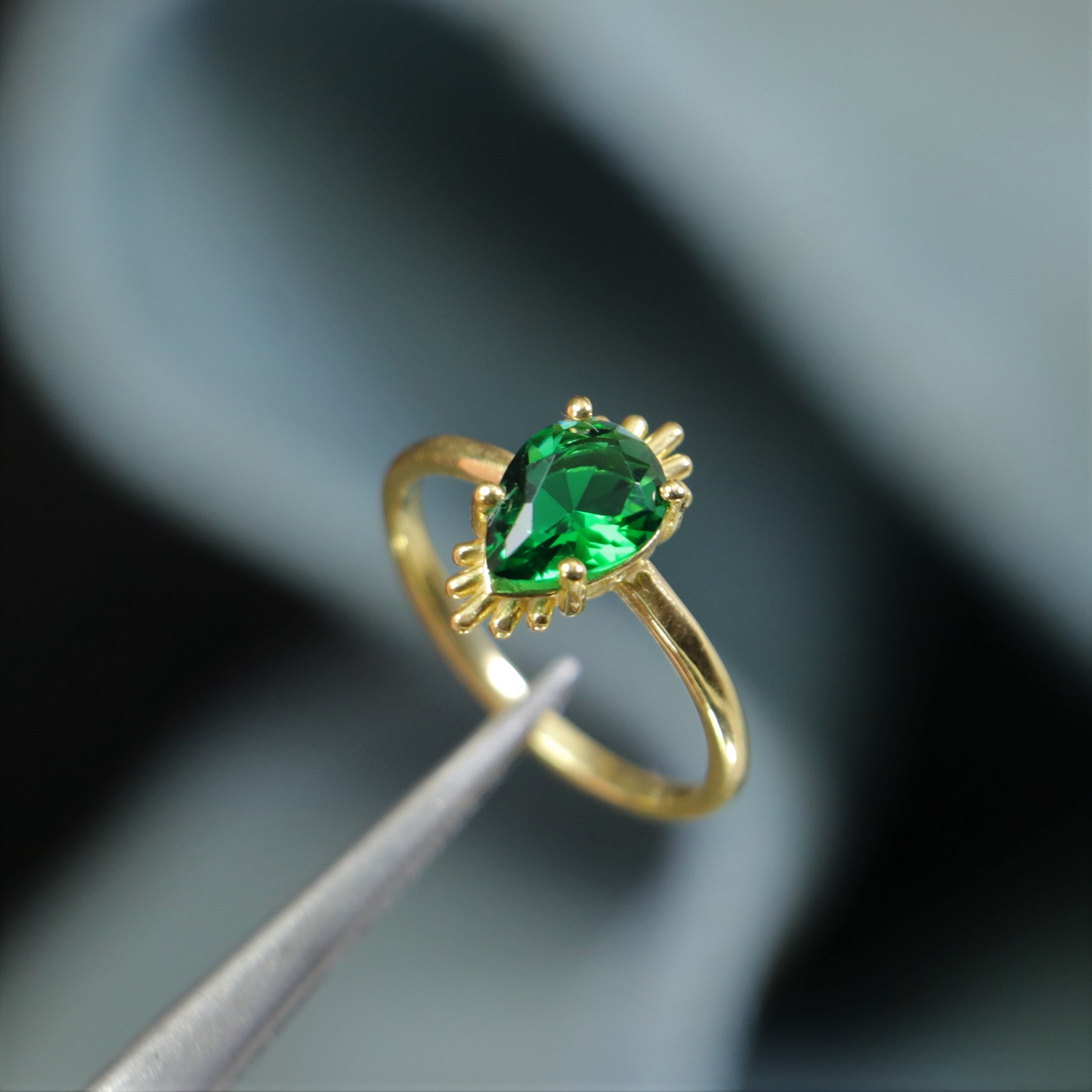 Damla Lab. Emerald 925 Sterling Silver Gold Plated Ring